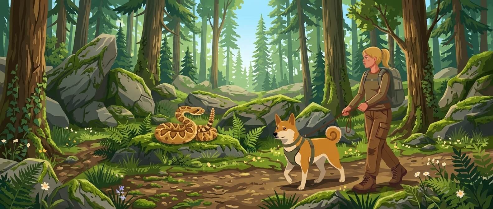 Illustration for wildlife and environmental safety showing an owner holding their dog close on a leash while steering it away from a rattlesnake on a forest trail.