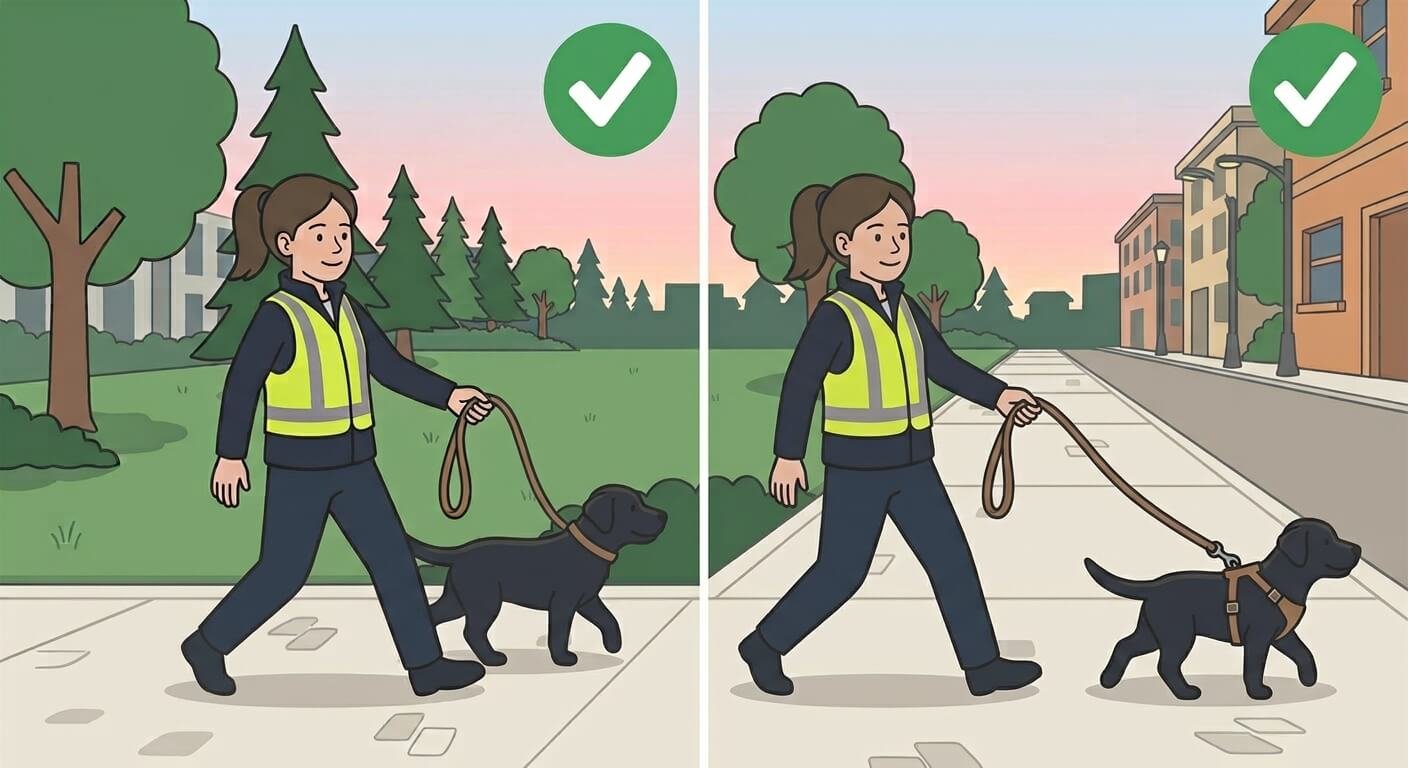 Illustration for best leash for walking dog comparing a dog on a collar and a dog on a harness.