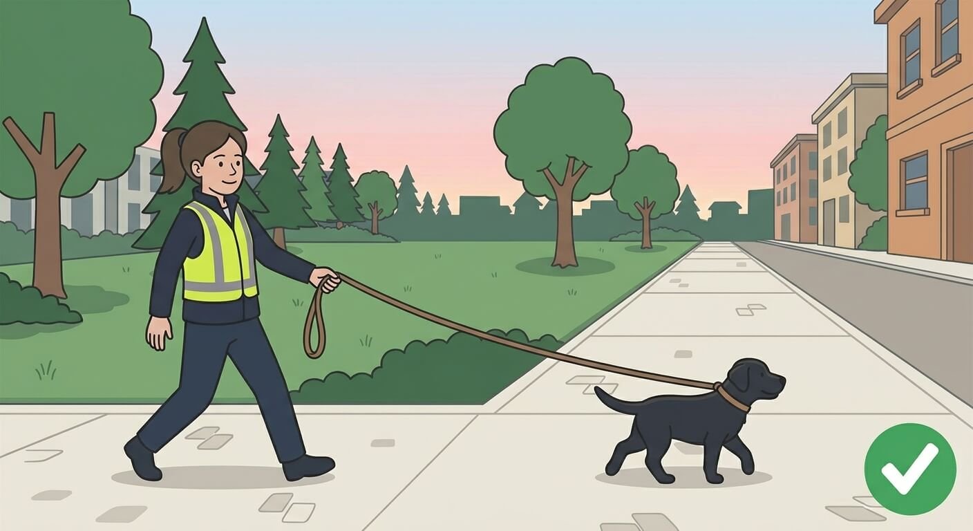 Illustration for best leash for walking dog showing a dog walking calmly on a fixed-length leash.