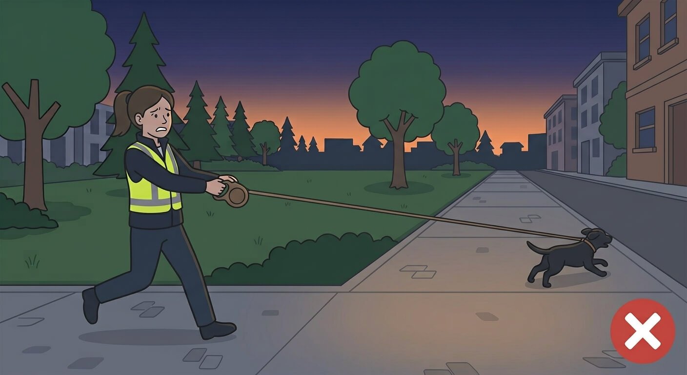 Illustration for best leash for walking dog showing a dog pulling far ahead on a retractable leash while the owner struggles to keep control.