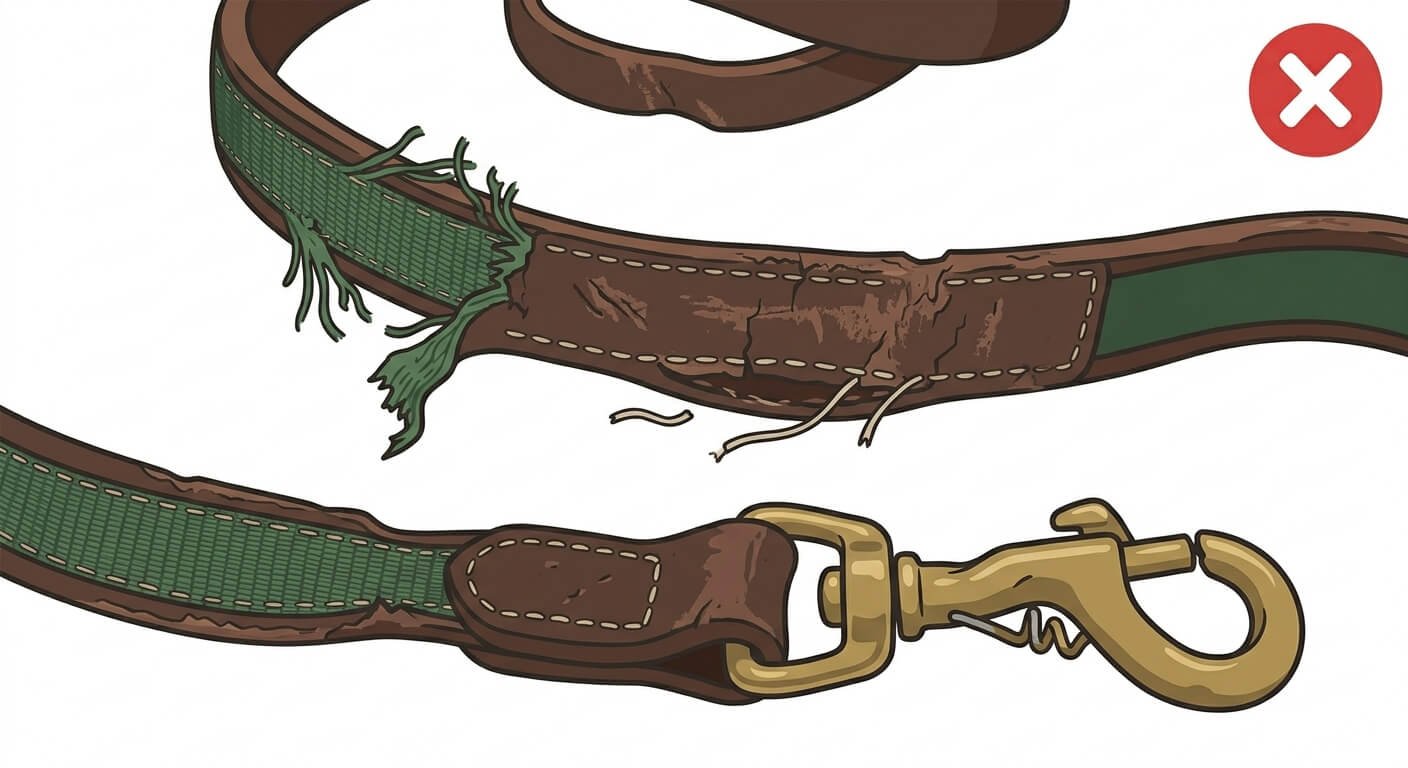 Illustration for best leash for walking dog showing worn leash material that needs replacing.