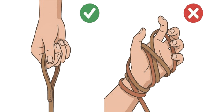 Cartoon illustration comparing the correct and incorrect way to hold a dog leash