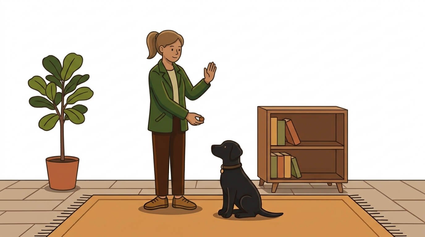 Illustration for dog curb training showing a dog practicing "sit" at home before learning to wait at the curb.