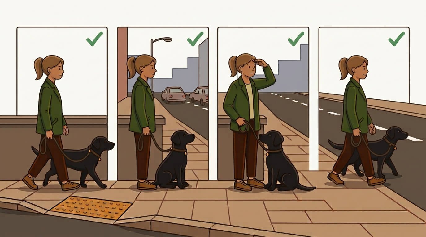 Illustration for dog curb training showing four training stages: approach, stop, wait, and cross.