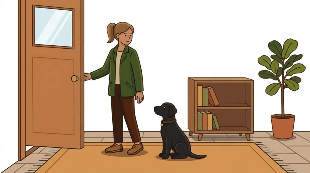 Illustration for dog curb training showing a dog practicing "wait" at the front door.