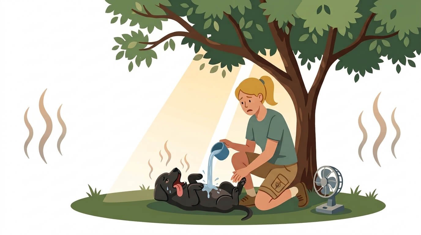 Illustration for dog walking safety showing an owner pouring cool water over an overheated dog's belly and paws in the shade.