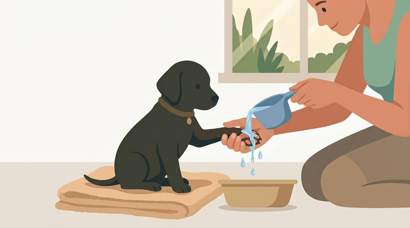 Illustration for dog walking safety showing an owner running cool water over a dog's burned paw pad.