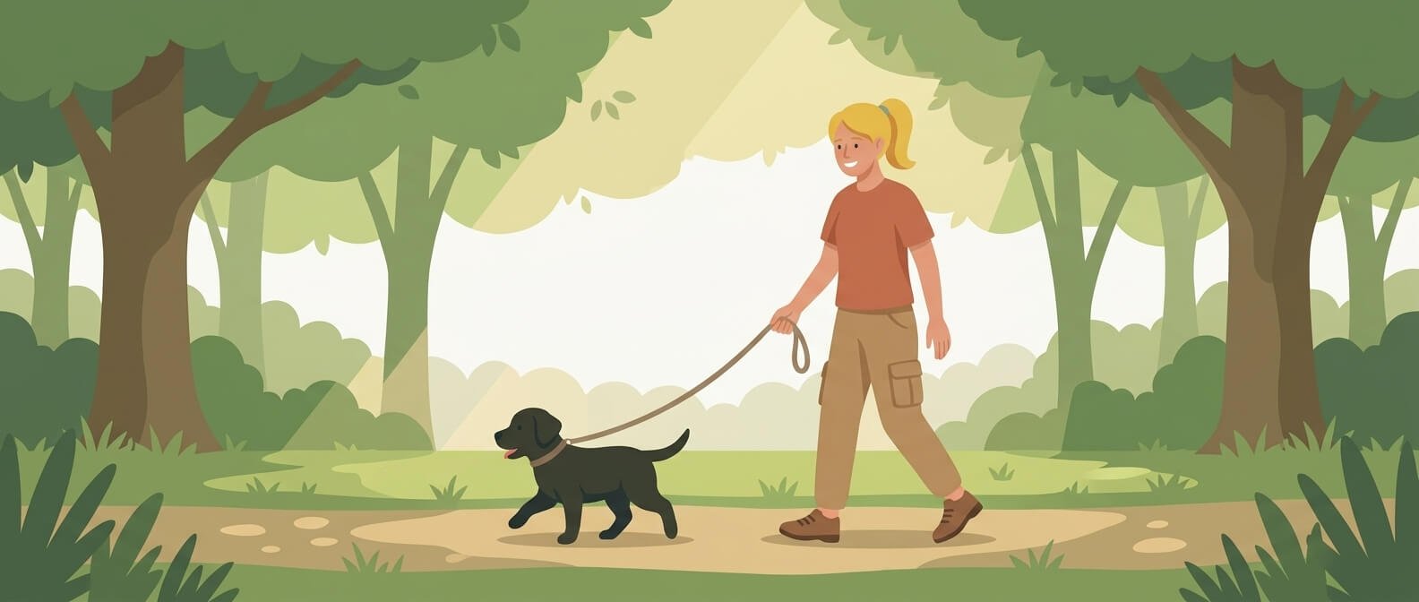 Illustration for dog walking safety showing a dog and owner walking on a shaded grassy path in summer instead of hot pavement.