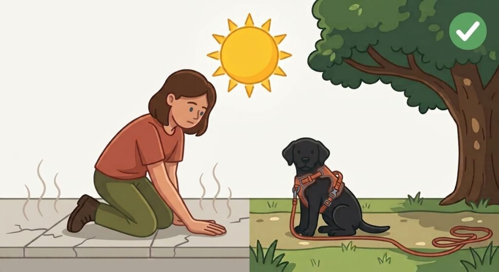 Cartoon illustration of a dog owner testing hot pavement with their hand