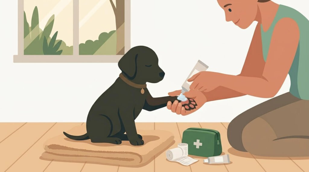 Illustration for dog walking safety showing an owner applying pet-safe ointment to a dog's paw pad indoors.