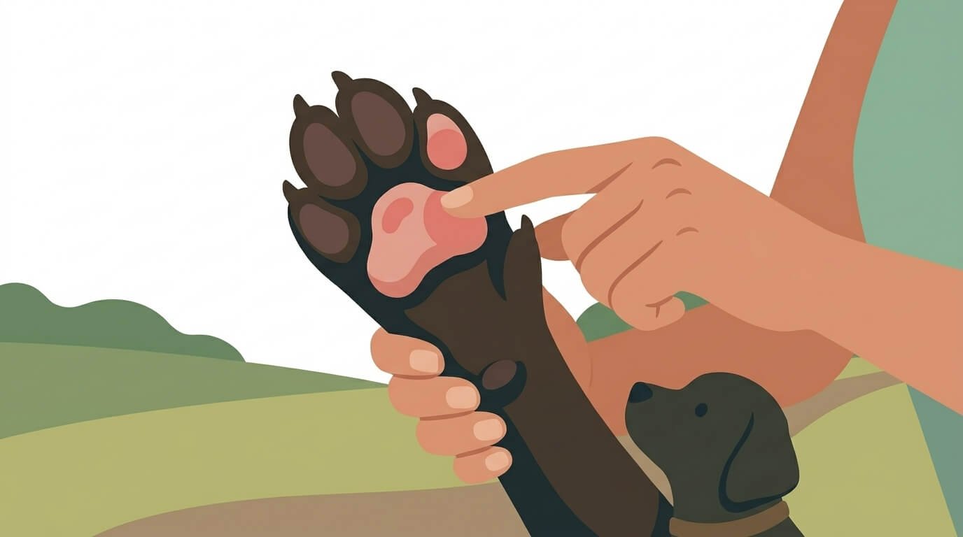 Illustration for dog walking safety showing a close-up of a dog's paw pad with mild redness being checked by its owner.