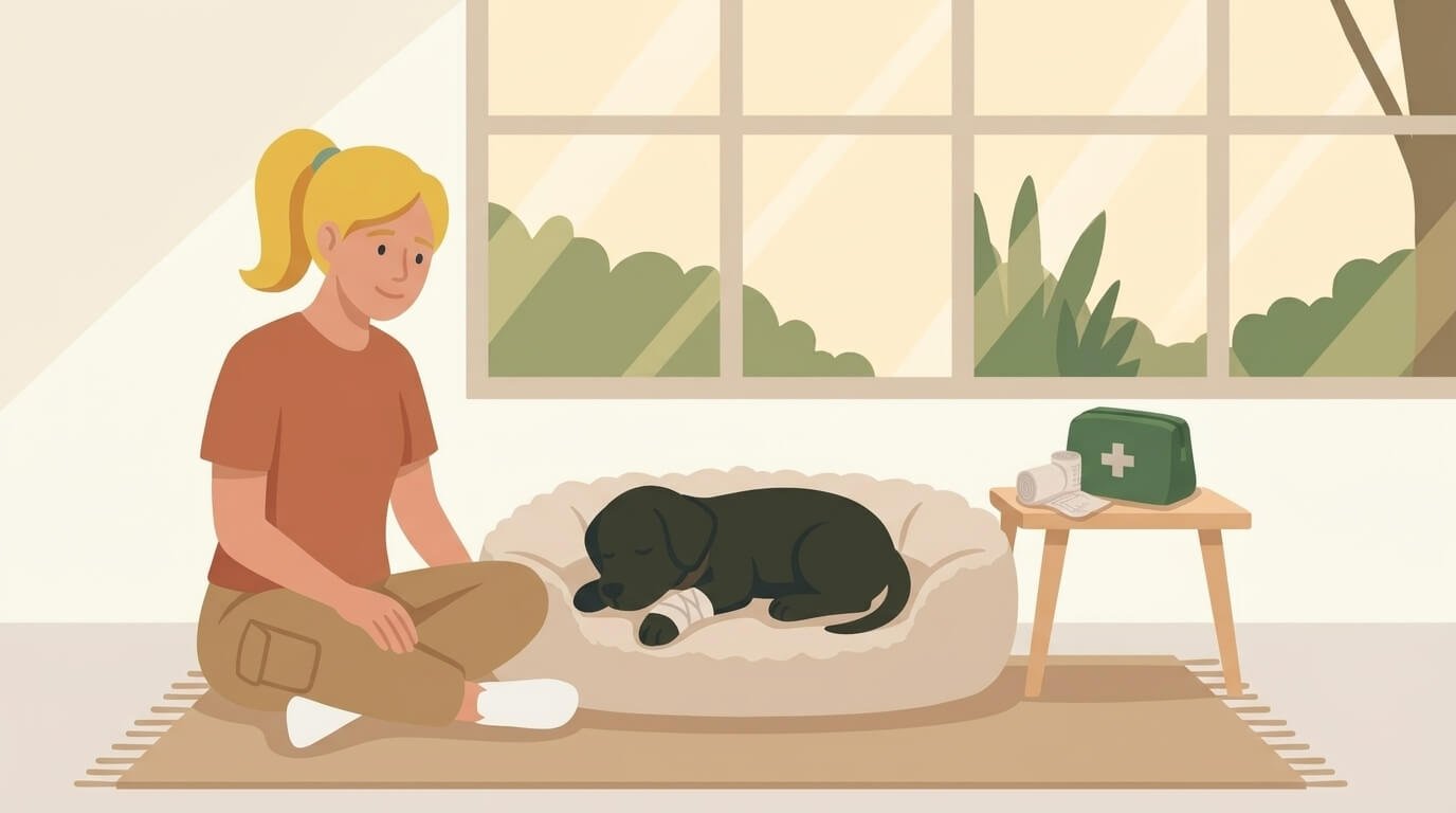 Illustration for dog walking safety showing a dog resting on a soft bed with a bandaged paw pad while its owner sits nearby.