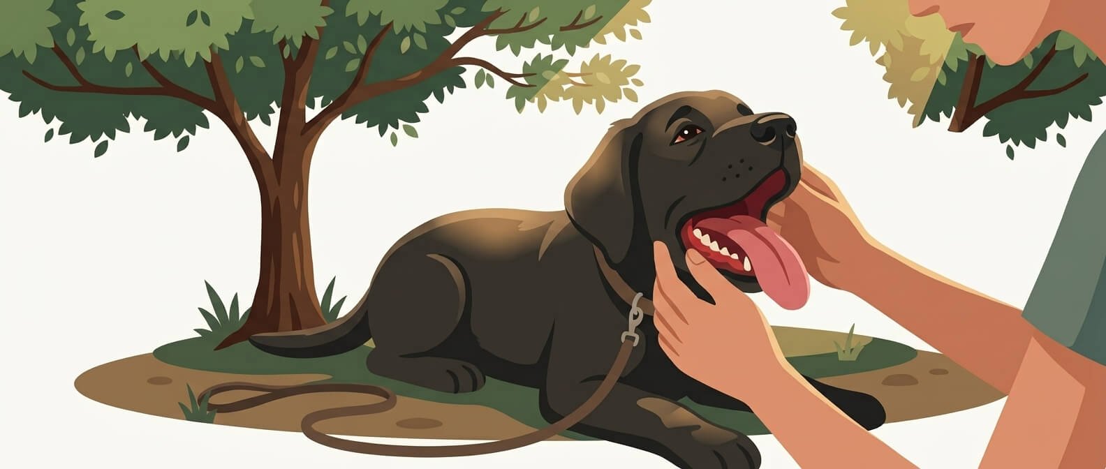 Illustration for dog walking safety showing a close-up of a dog panting with red gums while its owner checks its mouth.