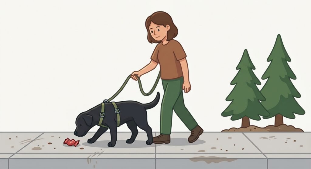 Cartoon illustration of a dog owner walking their dog on a sidewalk