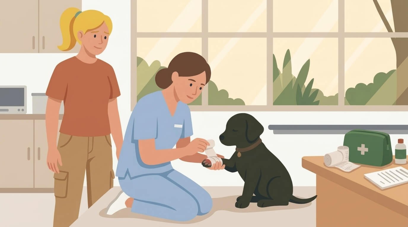 Illustration for dog walking safety showing a veterinarian applying a protective bandage to a dog's burned paw pad.