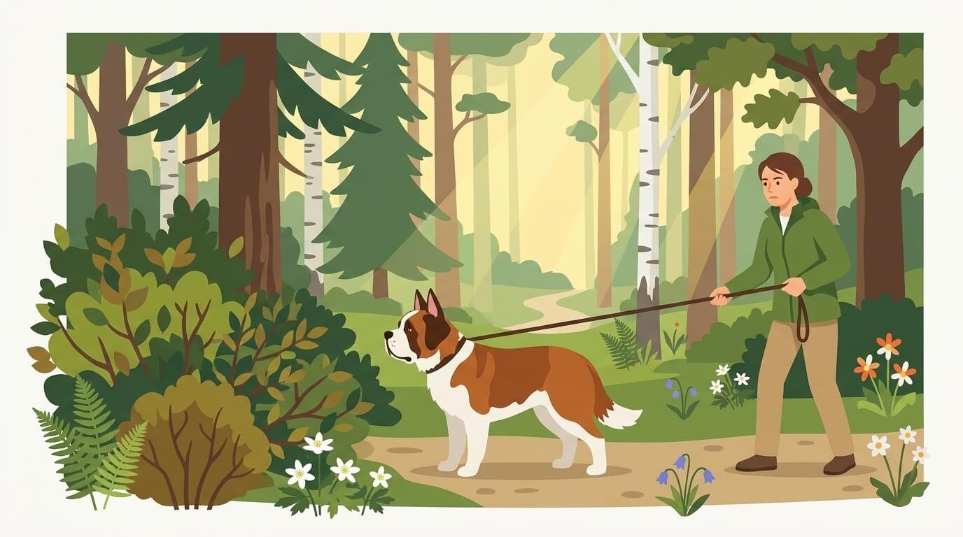 Illustration for hiking with dogs safety showing a dog on a long line staring into dense brush while its owner watches its body language.