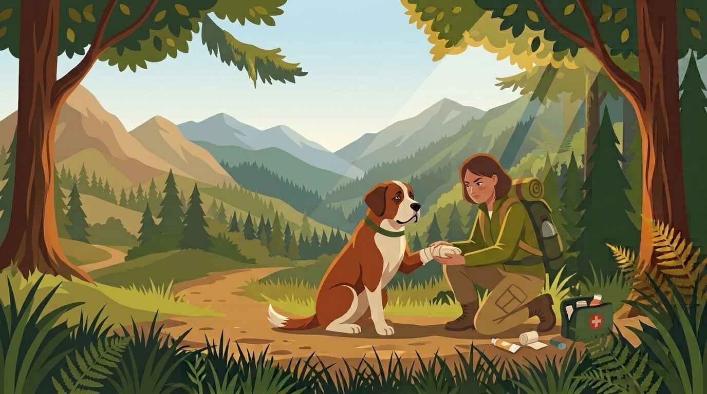 Illustration for hiking with dogs safety showing an owner checking their dog's bandaged paw on a forest trail with a first-aid kit nearby.