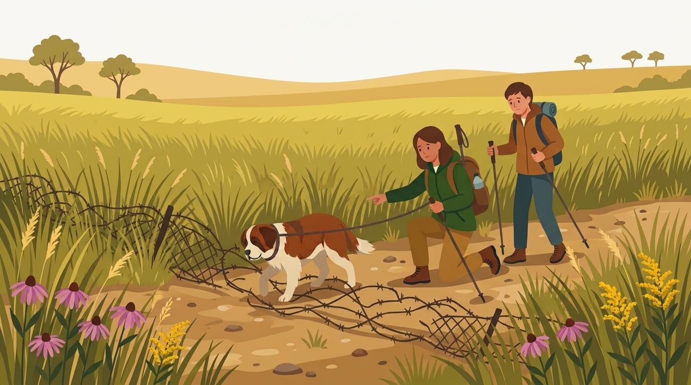 Illustration for hiking with dogs safety showing an owner steering their dog away from old barbed wire hidden in grass on a forest trail.