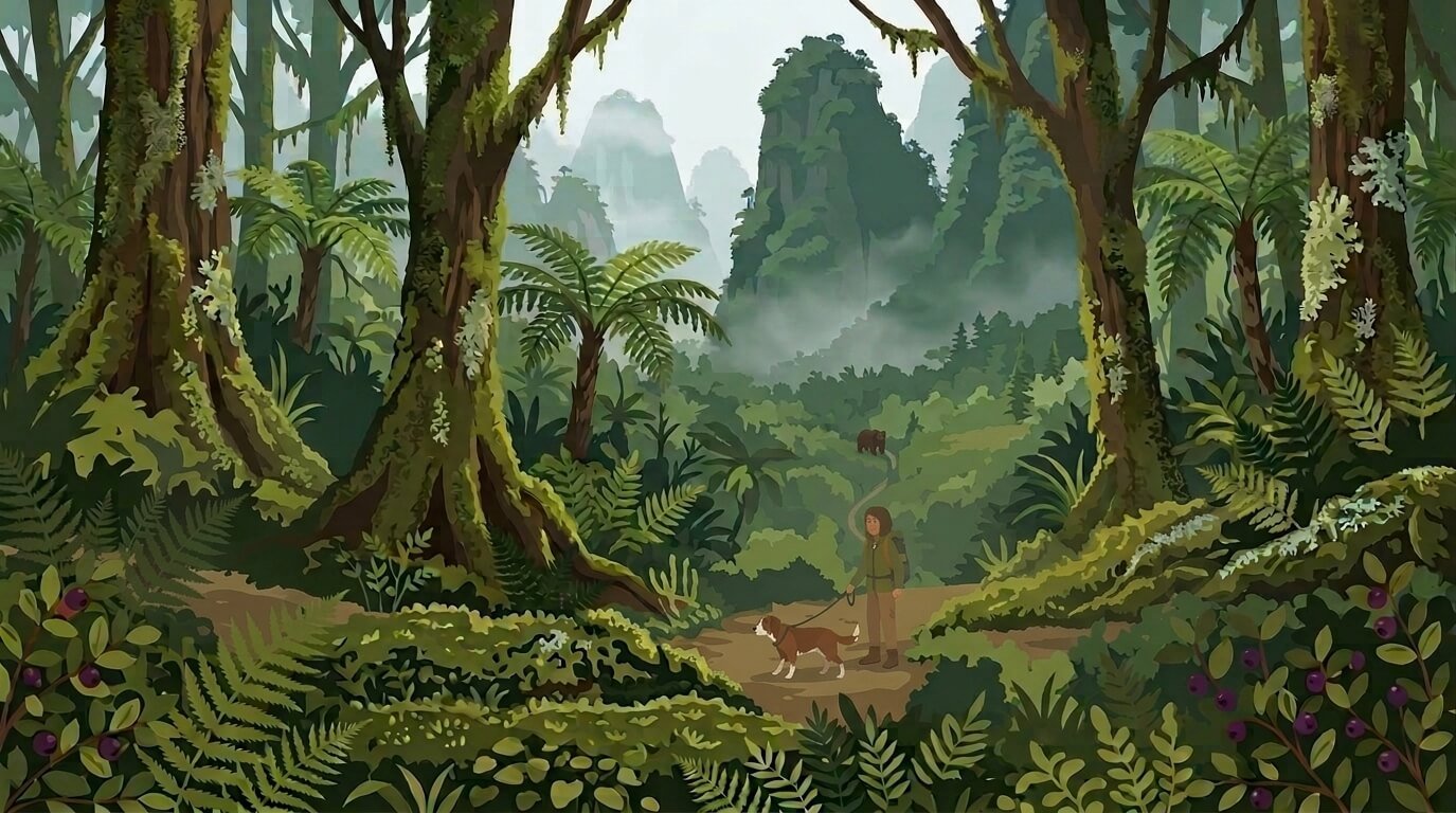Illustration for hiking with dogs safety showing an owner and dog on a trail with a bear far in the distance.