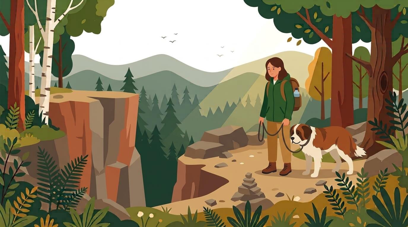 Illustration for hiking with dogs safety showing a dog standing a safe distance from a cliff edge while its owner holds the leash.