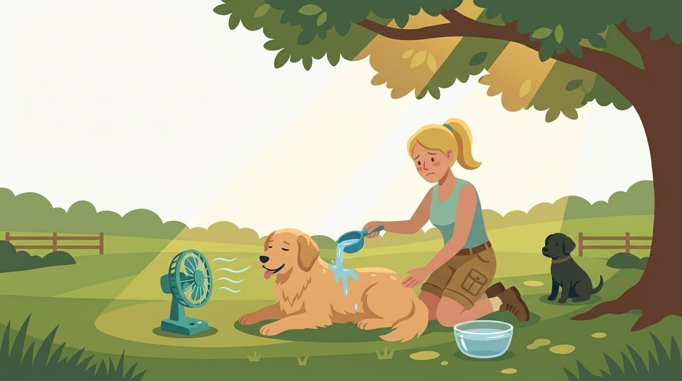 Illustration for hiking with dogs safety showing an owner pouring cool water over an overheated dog in the shade.