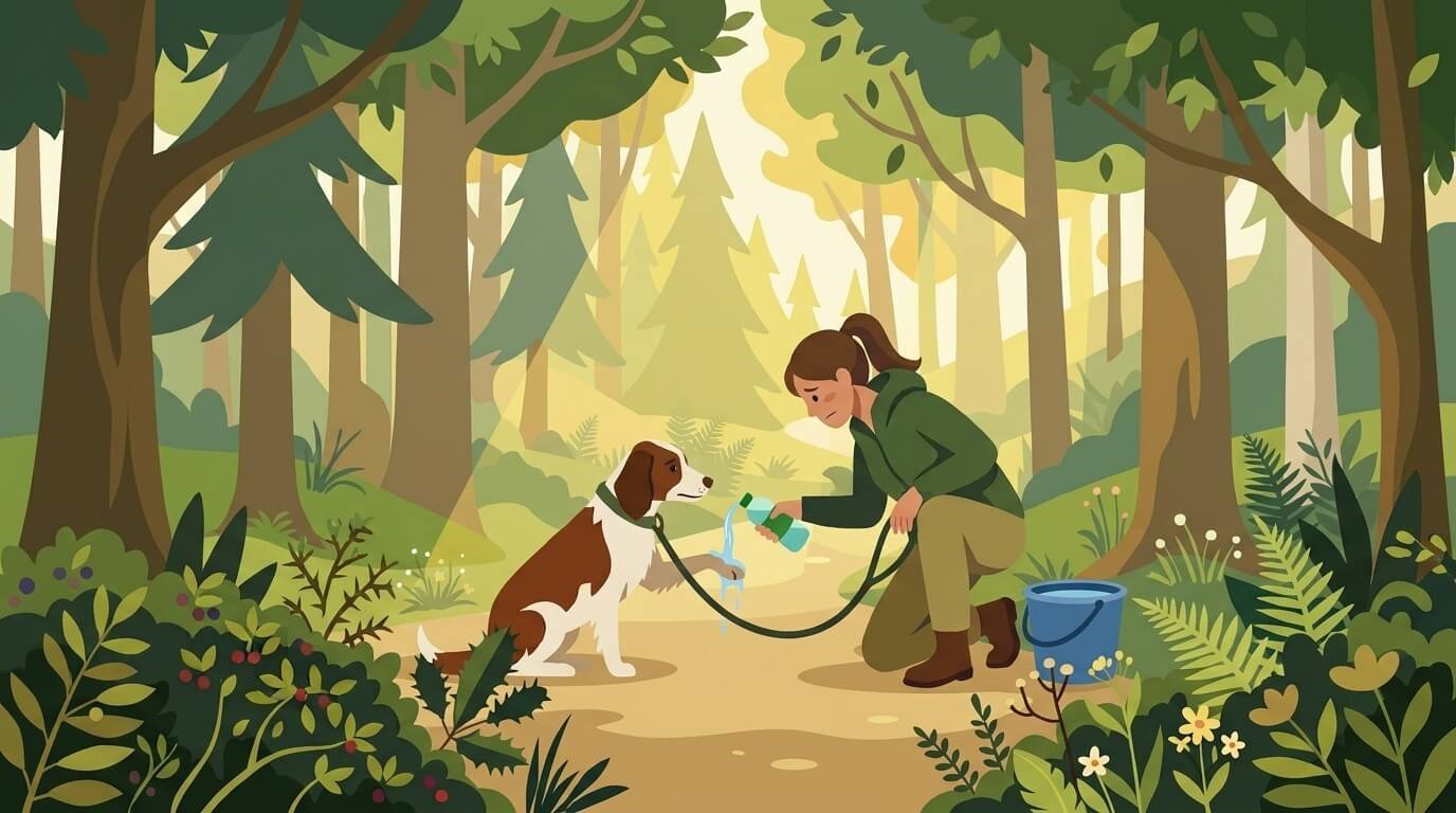 Illustration for hiking with dogs safety showing an owner pouring cool water over their dog's paws and belly in the shade of a tree.