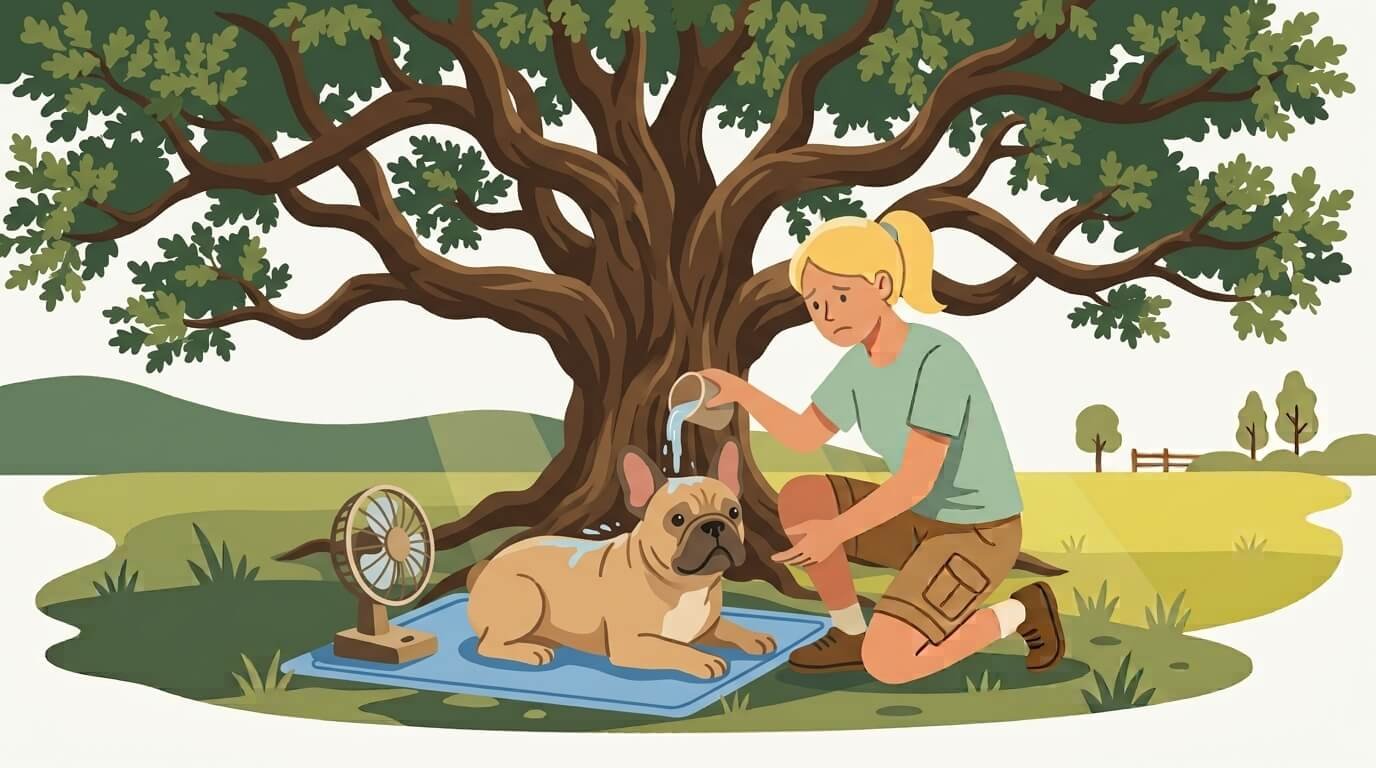 Illustration for hiking with dogs safety showing an owner pouring cool water over a French Bulldog resting on a cooling mat in the shade.