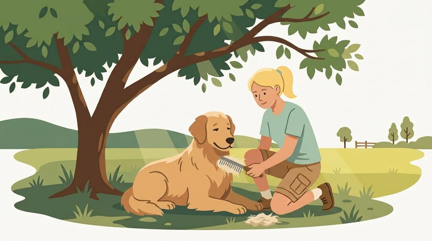 Illustration for hiking with dogs safety showing an owner brushing a double-coated dog in a shaded backyard during summer.