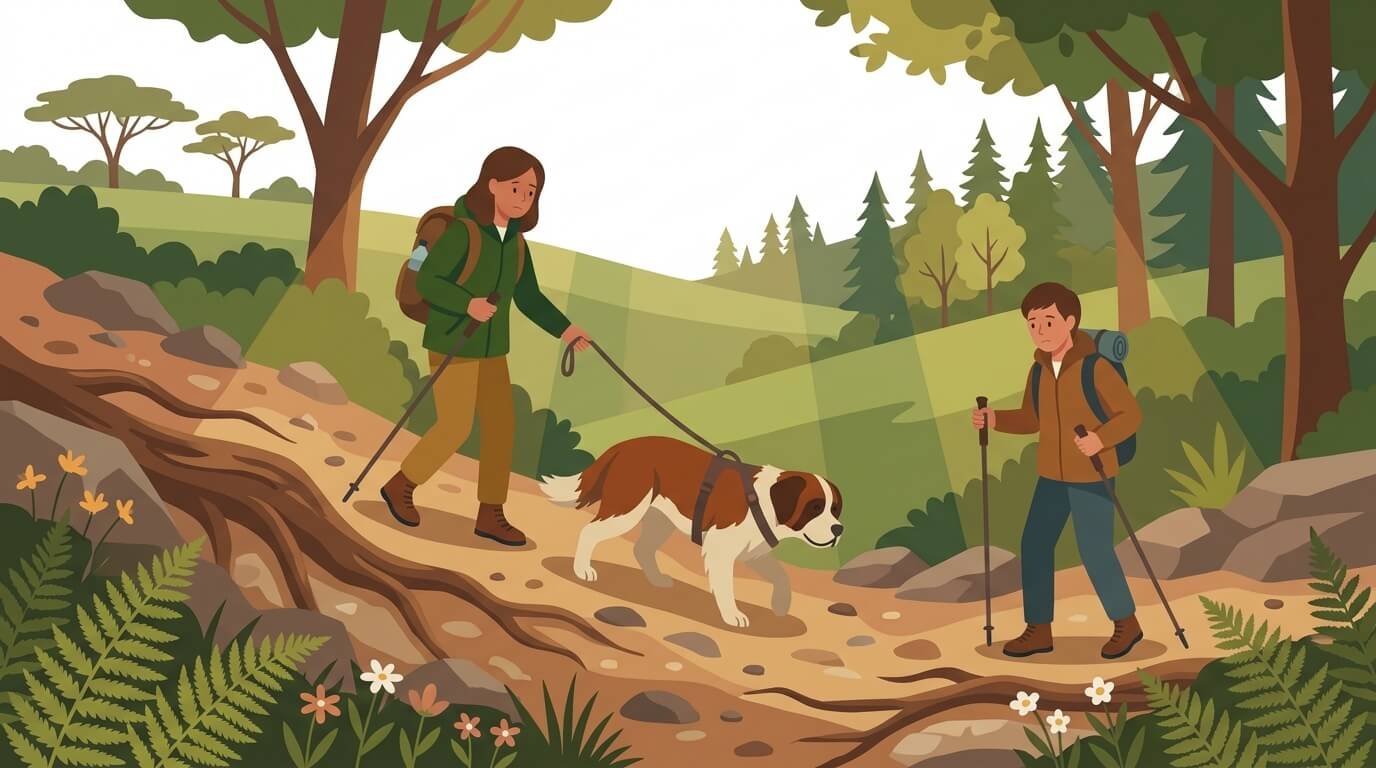 Illustration for hiking with dogs safety showing a dog and owner slowly descending a steep mountain trail on a short leash.