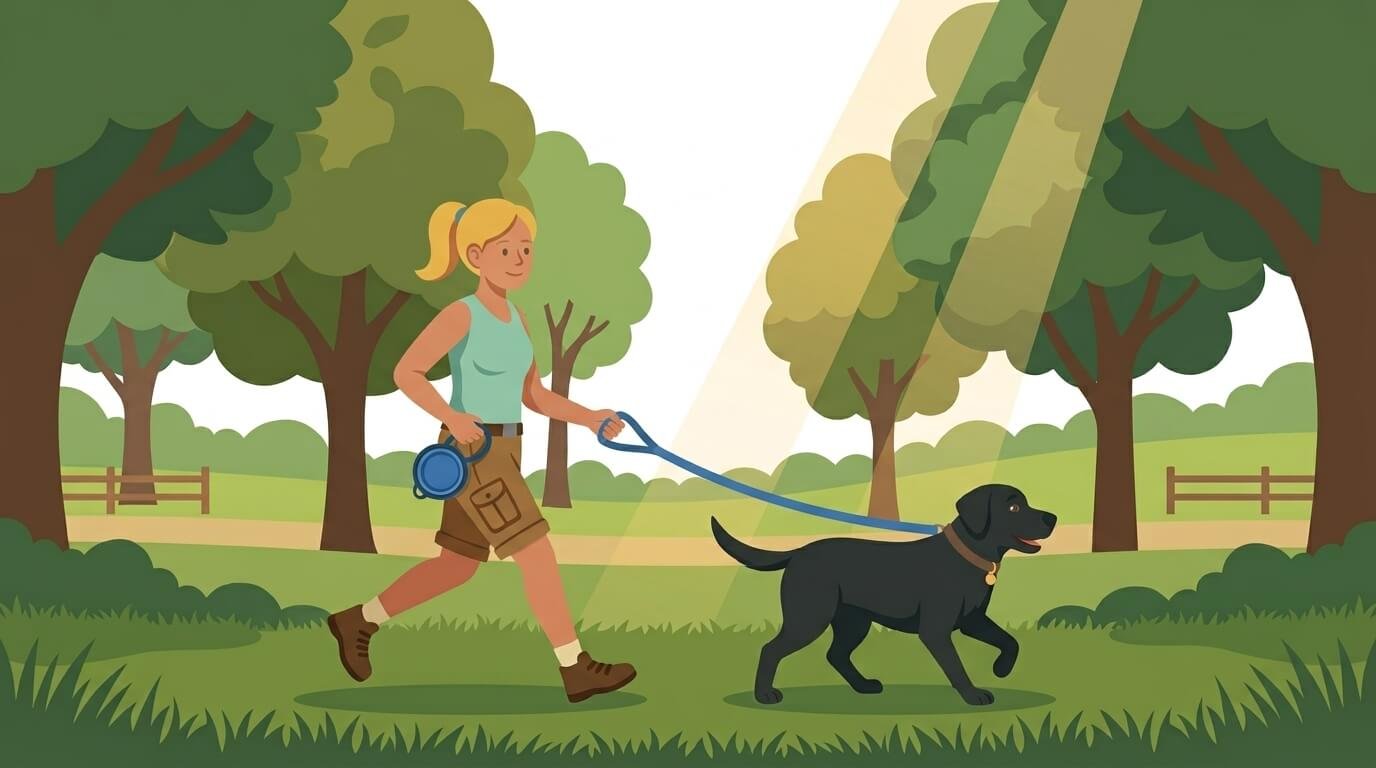 Illustration for hiking with dogs safety showing a dog and owner walking on a shaded park trail in the early morning.