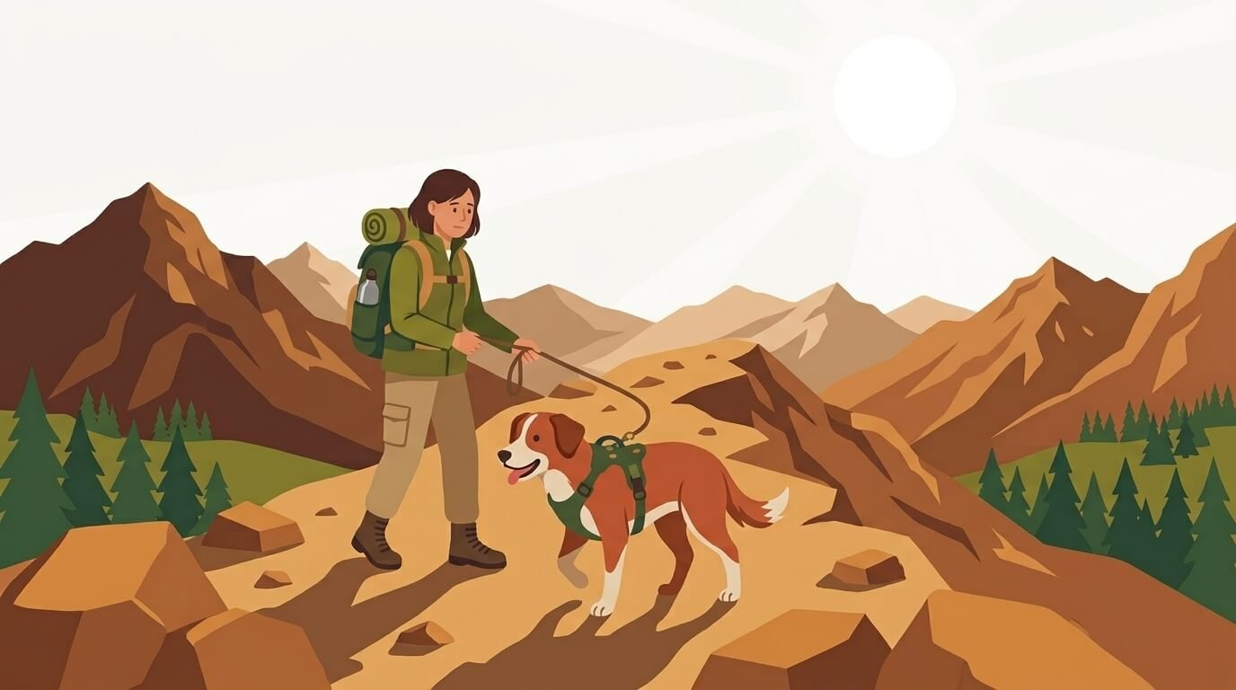Illustration for hiking with dogs safety showing a dog and owner hiking on an exposed rocky ridge with no shade.