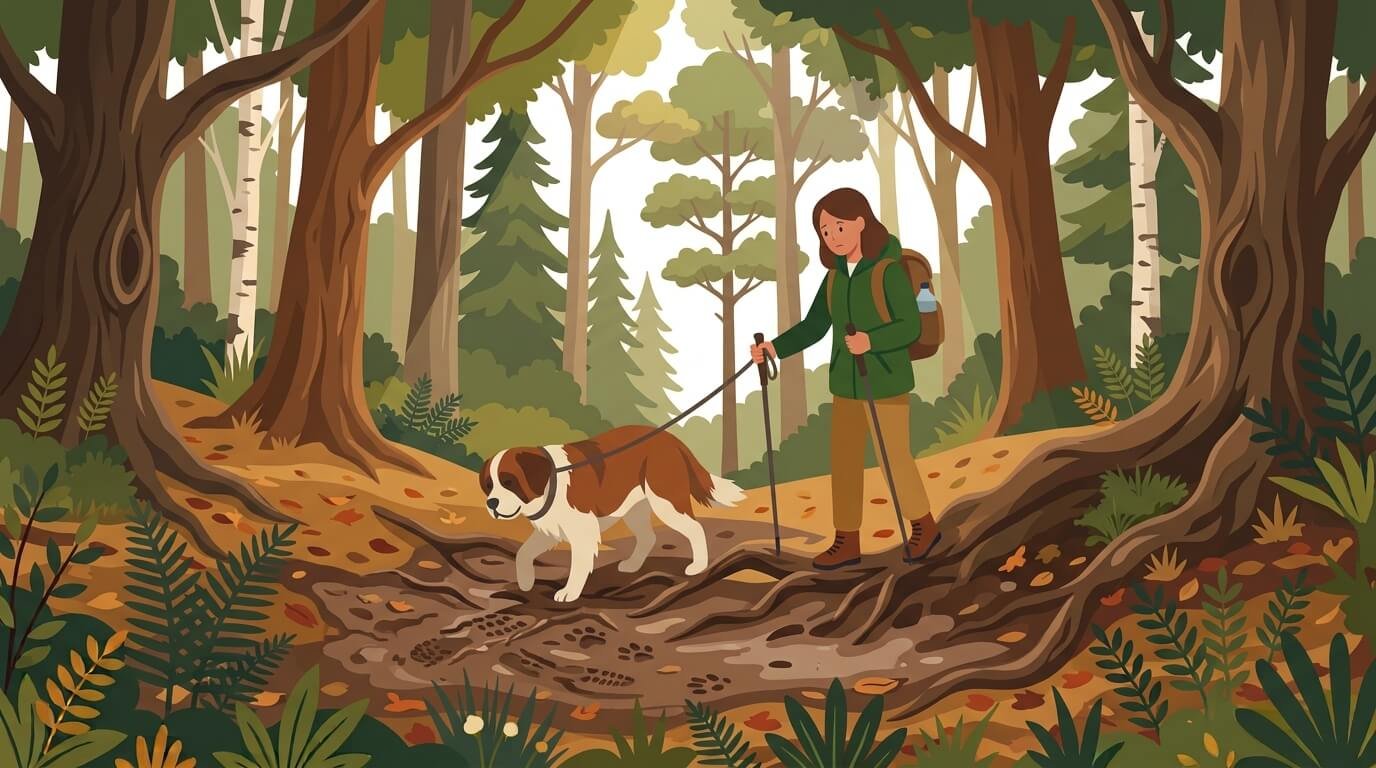 Illustration for hiking with dogs safety showing a dog walking on a forest trail covered with fallen leaves, exposed roots, and mud.