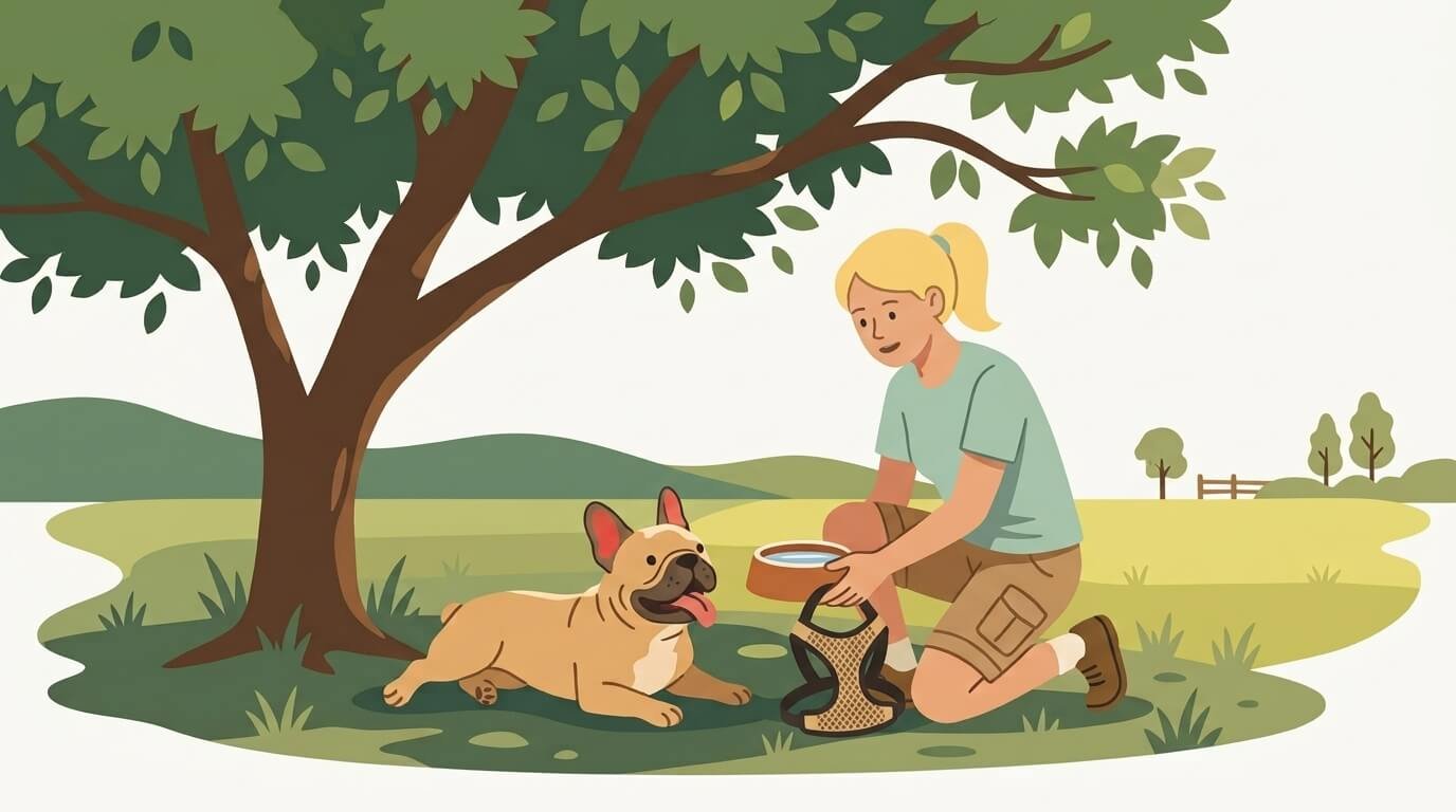 Cartoon illustration of a dog owner resting with their French bulldog in the shade