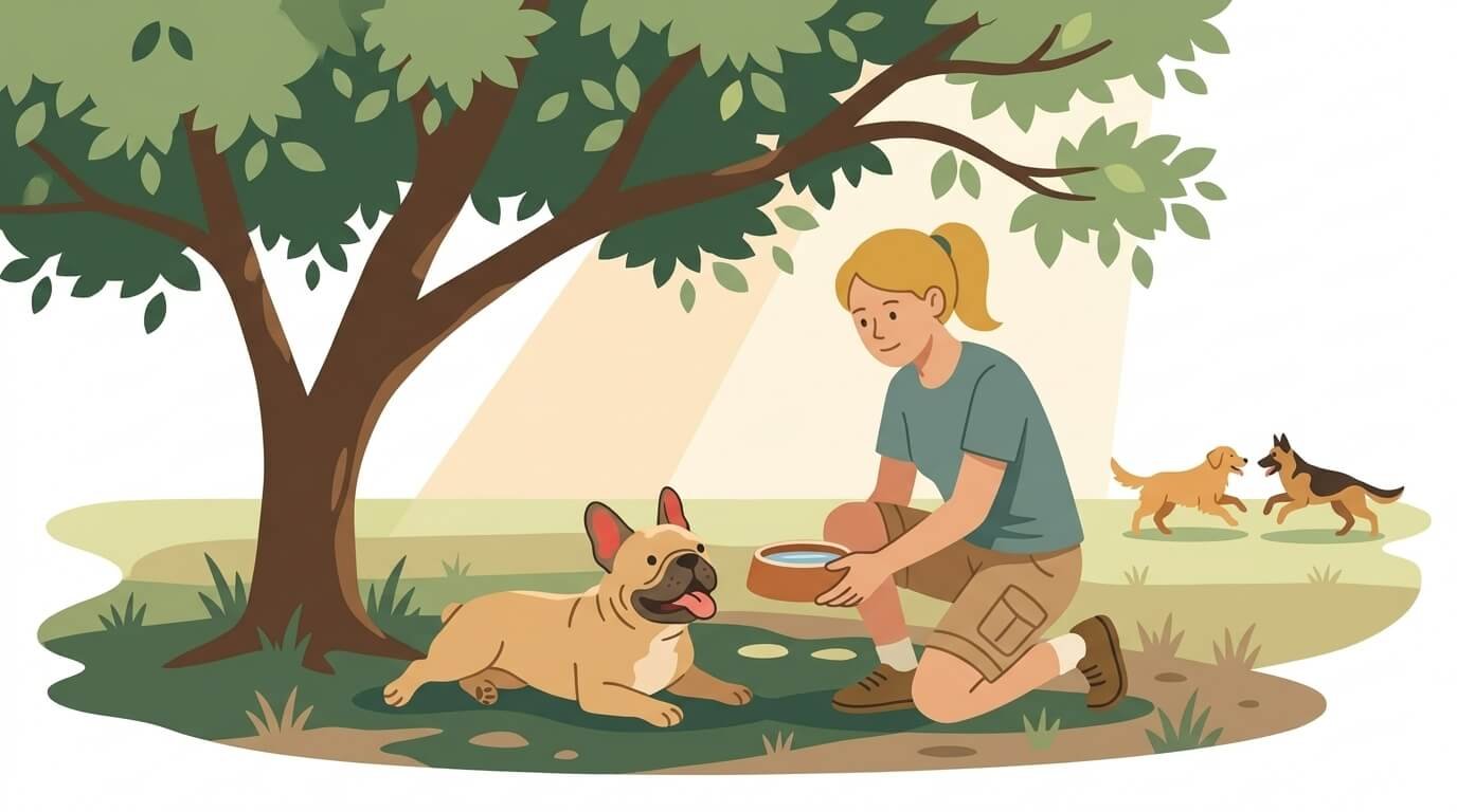Illustration for hiking with dogs safety showing a French Bulldog resting in the shade with its owner while other dogs play in the sun.