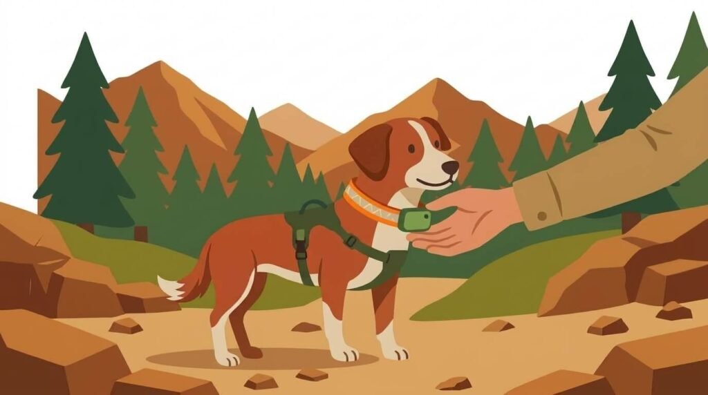 Illustration for hiking with dogs safety showing a close-up of a dog wearing a reflective collar with a GPS tracker attached.