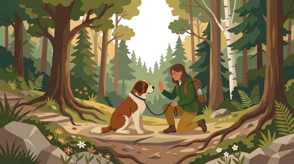 Illustration for hiking with dogs safety showing a dog sitting calmly beside its owner while the owner gives a hand signal on a forest trail.