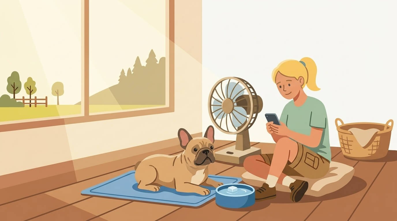 Illustration for hiking with dogs safety showing a high-risk dog resting indoors on a cooling mat with a fan and water bowl nearby.
