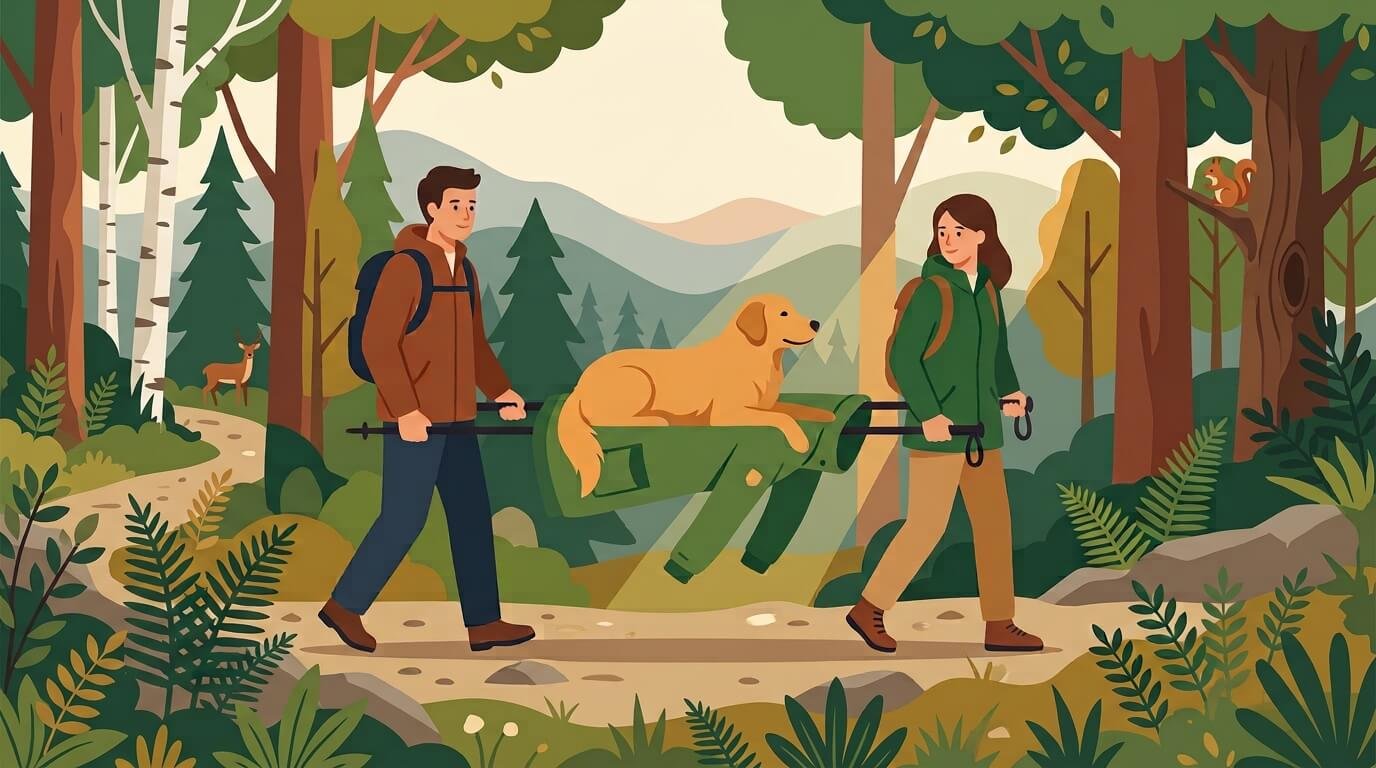 Illustration for hiking with dogs safety showing two people carrying a large dog on a makeshift stretcher made from a jacket and trekking poles.