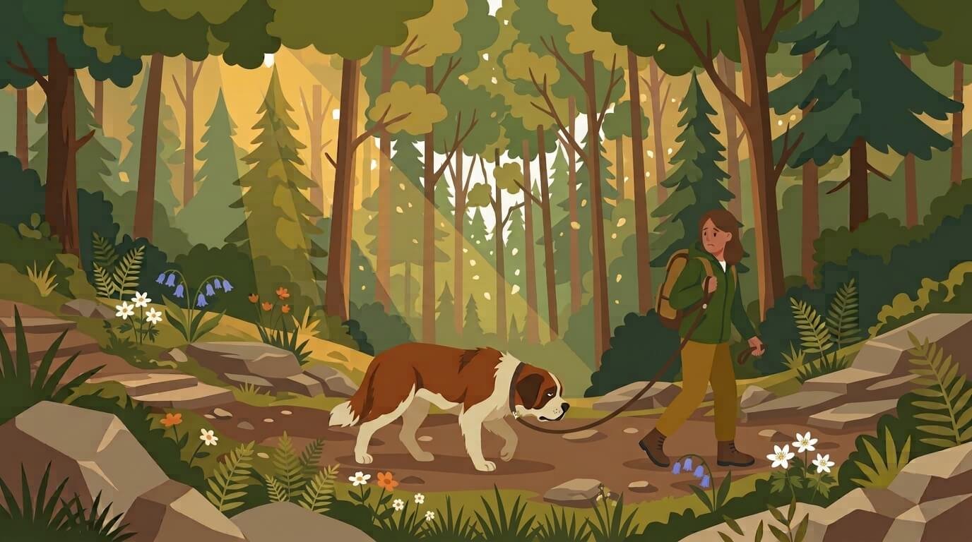 Illustration for hiking with dogs safety showing a tired dog lagging behind its owner on a forest trail while the owner looks back with concern.