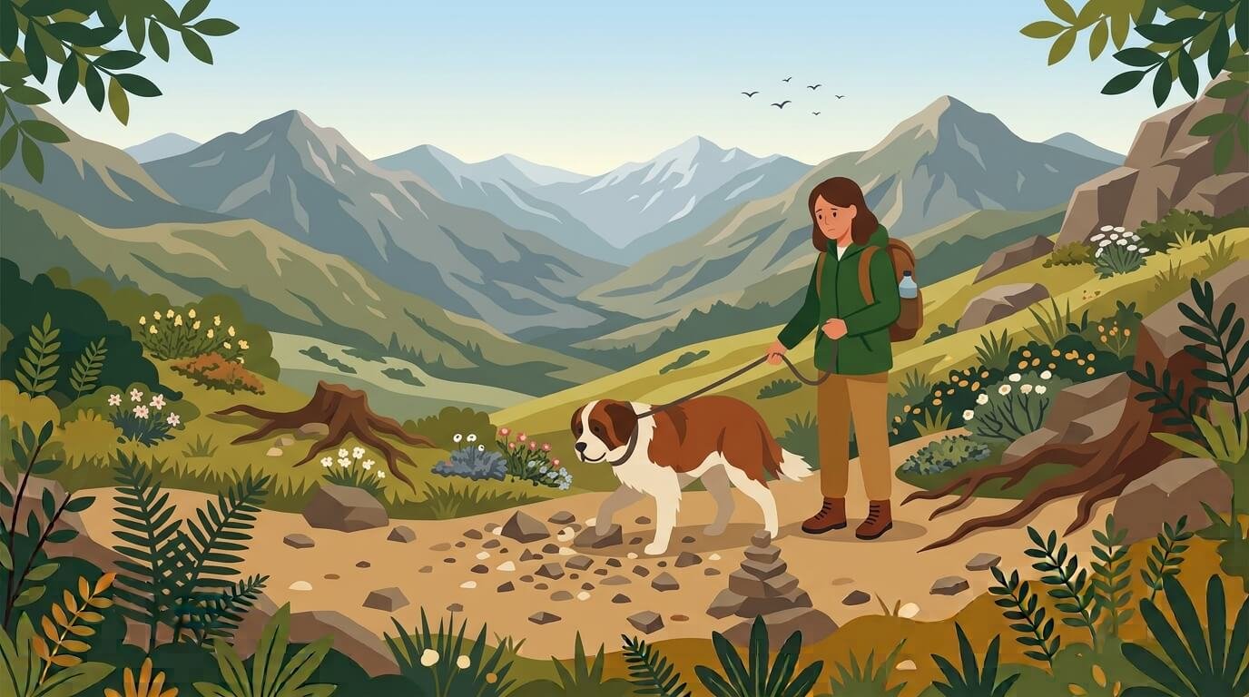 Illustration for hiking with dogs safety showing a dog carefully stepping across loose scree on a mountain trail.