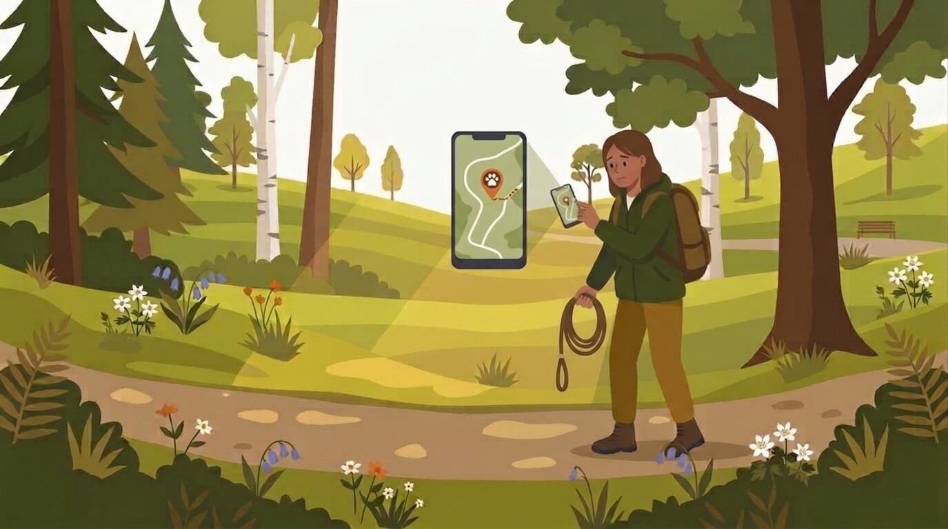 Illustration for hiking with dogs safety showing an owner crouching on a trail and calling for their dog while checking a GPS app on their phone.