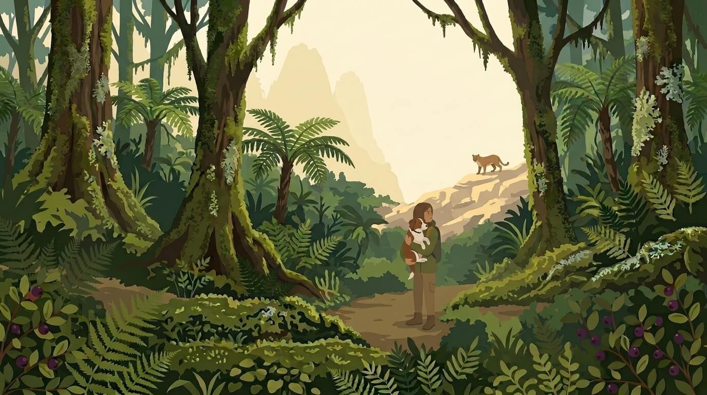Illustration for hiking with dogs safety showing an owner holding their dog close while making eye contact with a mountain lion in the distance.