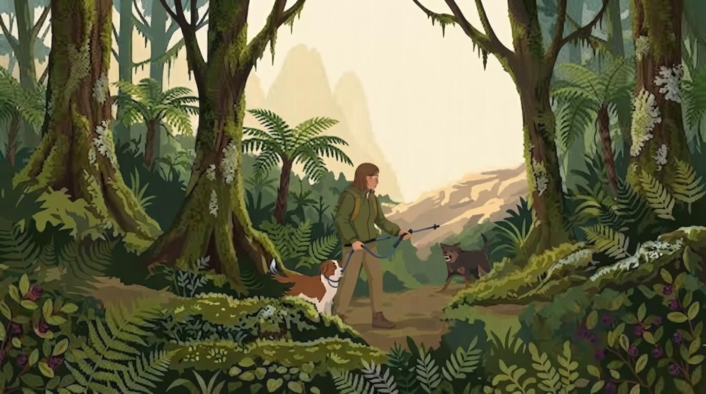 Illustration for hiking with dogs safety showing an owner standing tall with their dog held behind them while facing an aggressive off-leash dog on a trail.