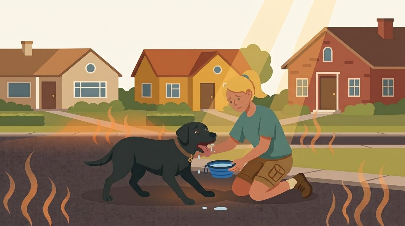 Illustration for hiking with dogs safety showing a dog panting on a hot day while its owner offers a water bowl.