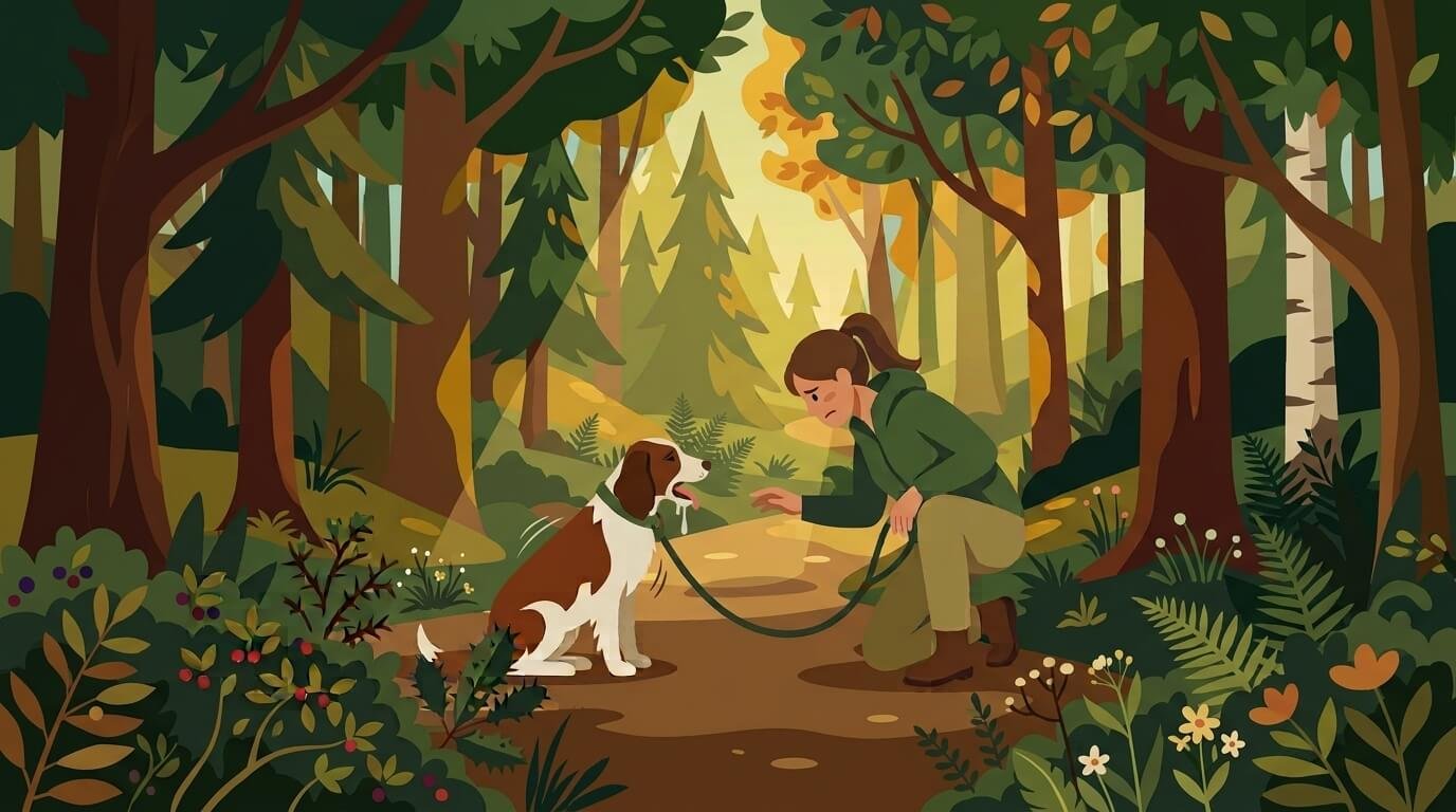 Illustration for hiking with dogs safety showing a dog panting heavily on a forest trail while its owner kneels beside it, looking concerned.
