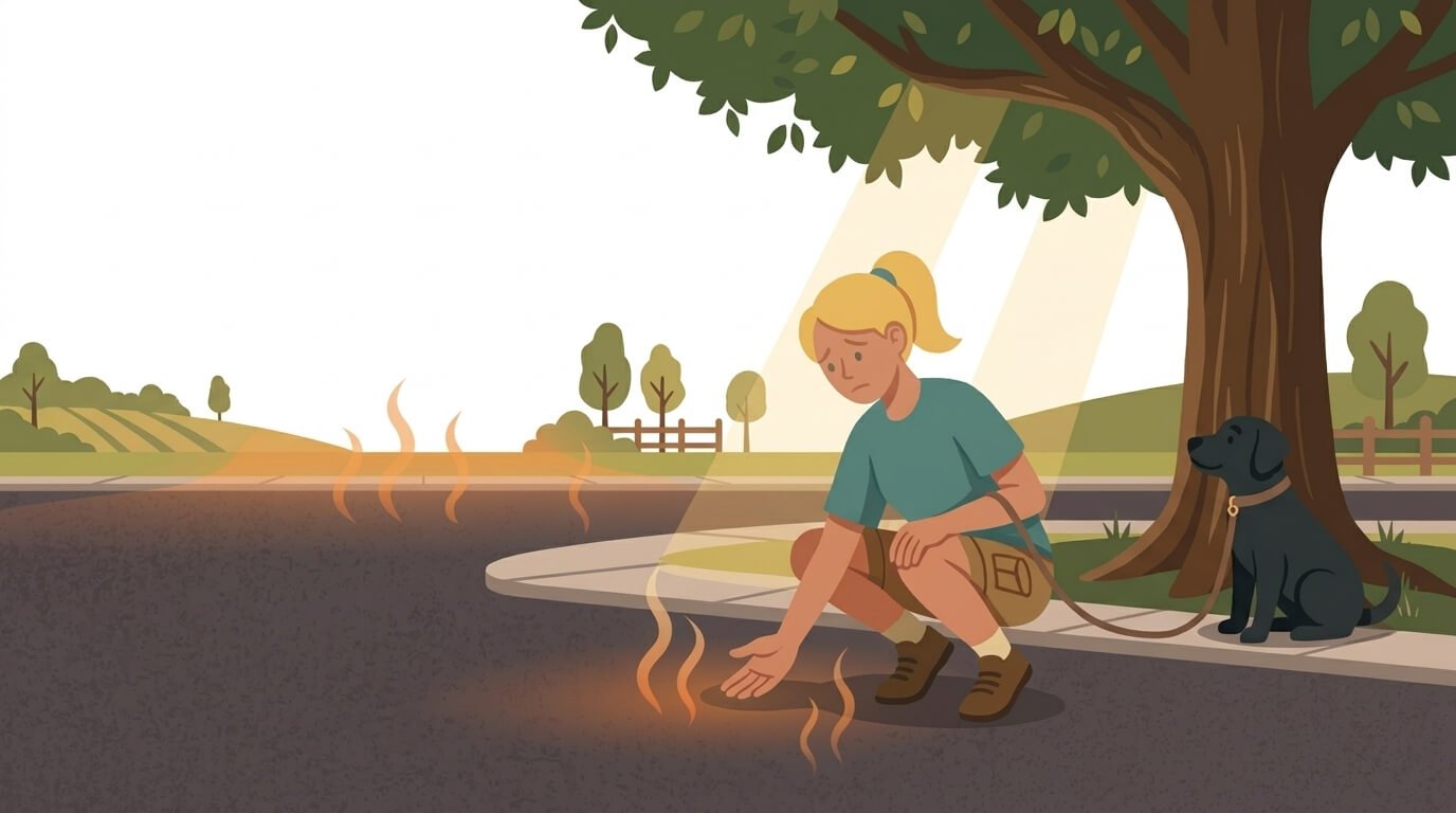 Illustration for hiking with dogs safety showing an owner testing pavement temperature with the back of their hand while the dog waits on a leash.