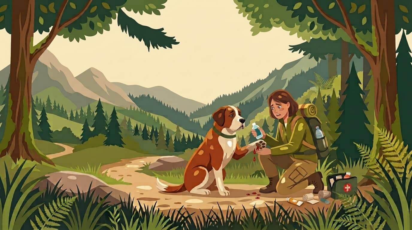 Illustration for hiking with dogs safety showing an owner wrapping their dog's paw with gauze and vet wrap on a trail.