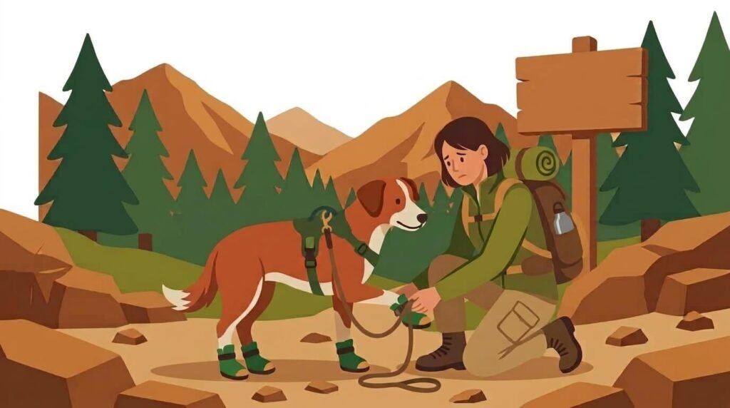 Illustration for hiking with dogs safety showing a dog wearing protective booties on a rocky trail while its owner adjusts one bootie.