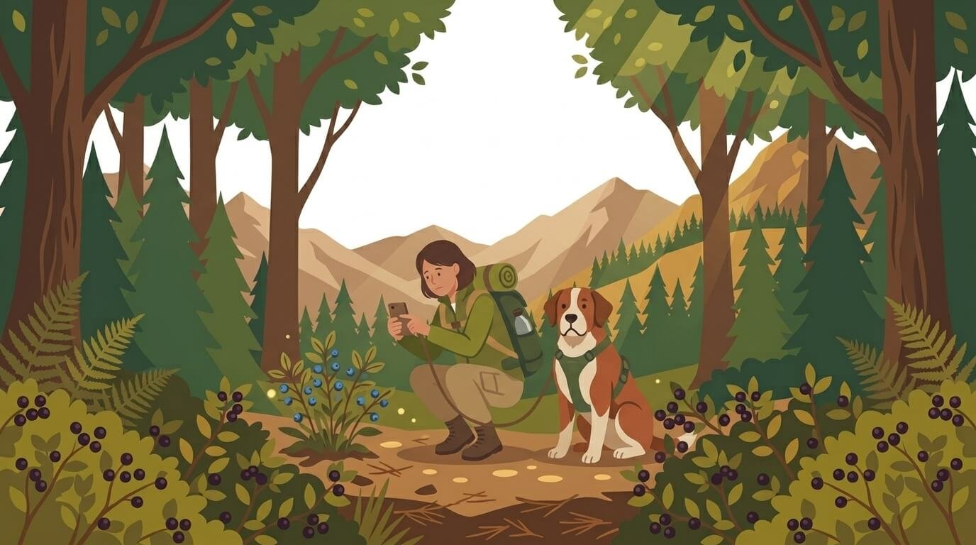 Illustration for hiking with dogs safety showing an owner photographing a wild plant while their dog sits patiently on a leash nearby.