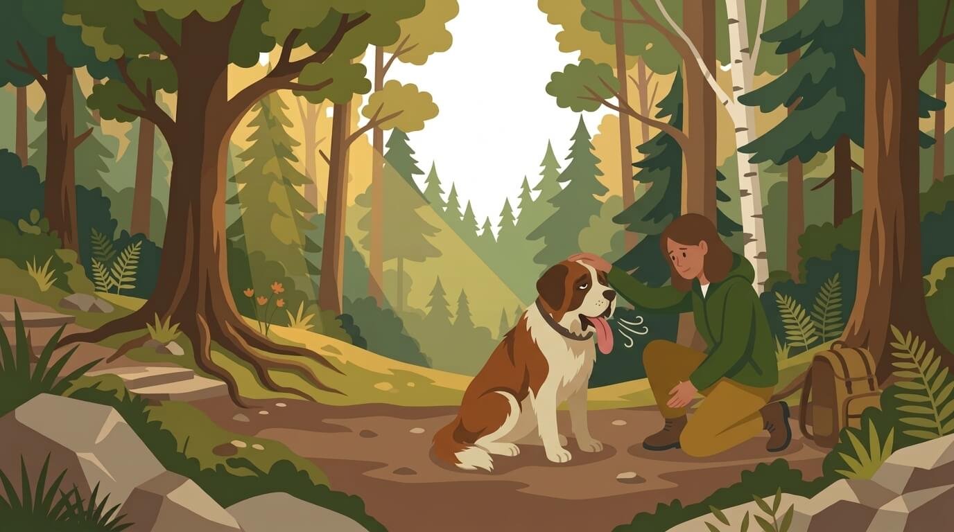Illustration for hiking with dogs safety showing a tired dog resting on a trail while its owner crouches beside it and comforts it.